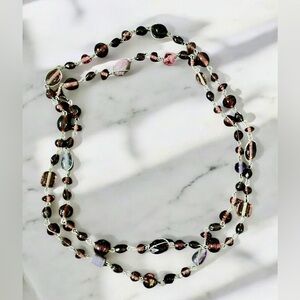 Vintage 70’s long necklace, w/ glass & lucite metal wrap of multicolor beads